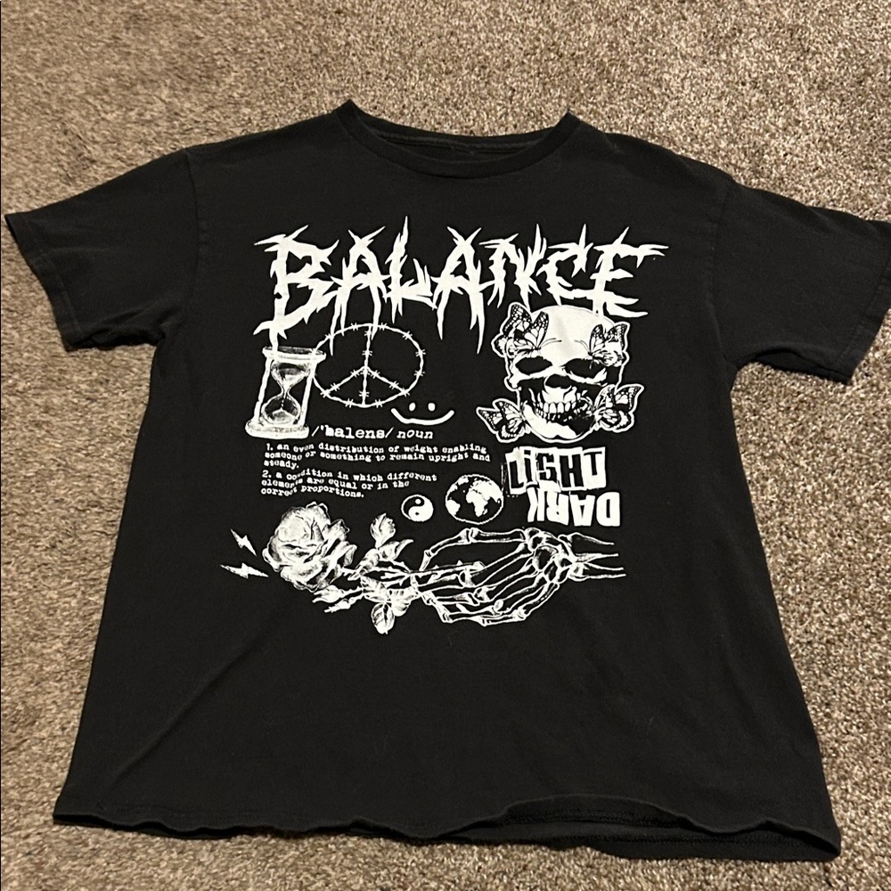 Black Graphic  balance definition T-Shirt with skull butterflies flowers